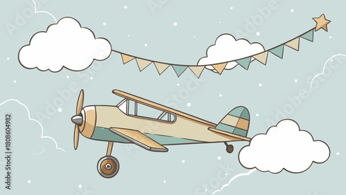 Vintage Airplane Flying Through Clouds with a Star Banner Perfect for Nursery Decor and Children s Illustrations and Designs Dreamy and Whimsical