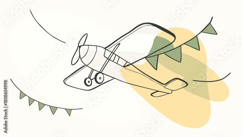 Hand Drawn Airplane with Bunting Flags and Abstract Shapes on a White Background for Childrens Decor and Design