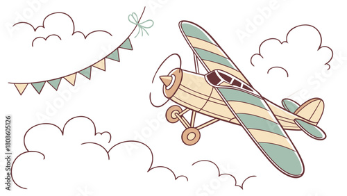 Vintage Airplane Flying Through Clouds with Celebration Banner Perfect for Children s Decor and Aviation Themed Designs Cute and Whimsical