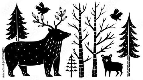 Black and White Woodland Scene with Deer Bear Birds and Trees in a Scandinavian Folk Art Style Illustration