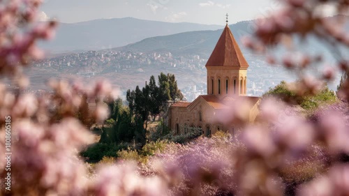 Spring blossoms frame an ancient church with city and mountain views in the background, 4K