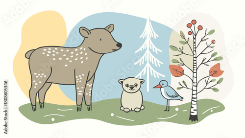 Cute Forest Animals Illustration with Deer Bear Cub and Bird in a Stylized Woodland Landscape Perfect for Children s Designs