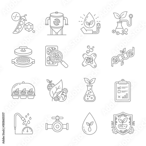 Explore sustainable agriculture and innovative farming practices with these modern line icons demonstrating the technology and science behind plant growth and environmental solutions