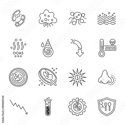 Detailed diagram showcasing threats to food safety and quality, including bacteria, viruses, temperature danger zones, and broken equipment, ensuring product integrity and public health