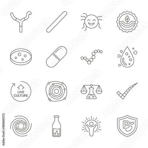 Modern line icons representing probiotics, including beneficial bacteria, healthy digestion, gut flora, and immune support for wellness and nutritional supplements
