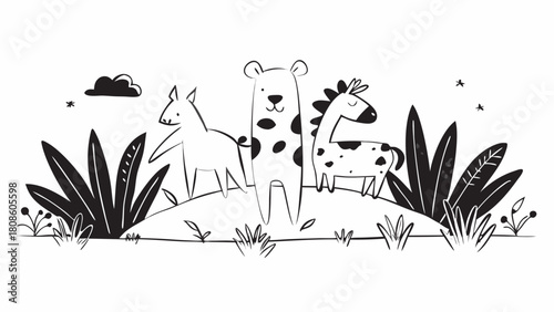 Cute Cartoon Animals in a Black and White Landscape with Horse Bear and Giraffe Standing on a Hill