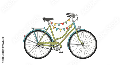 Delightful illustrated bicycle adorned with celebratory colorful bunting for festive charm