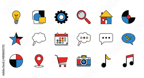 Collection of diverse colorful outline icons depicting various concepts and applications