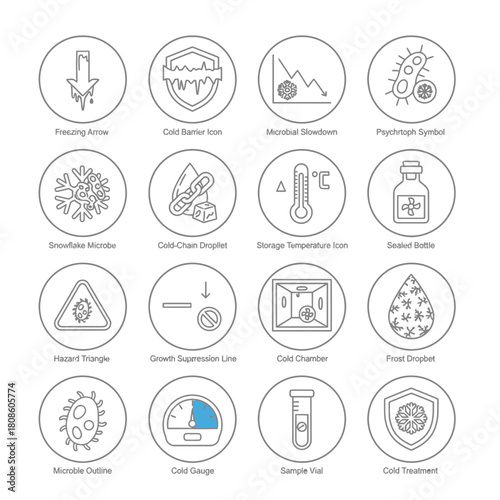 Essential cold chain management icons for pharmaceutical and food industries, ensuring safe handling and preservation, perfect for presentations and educational materials