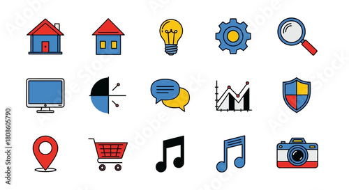 Vibrant collection of modern flat design icons representing various aspects of everyday life