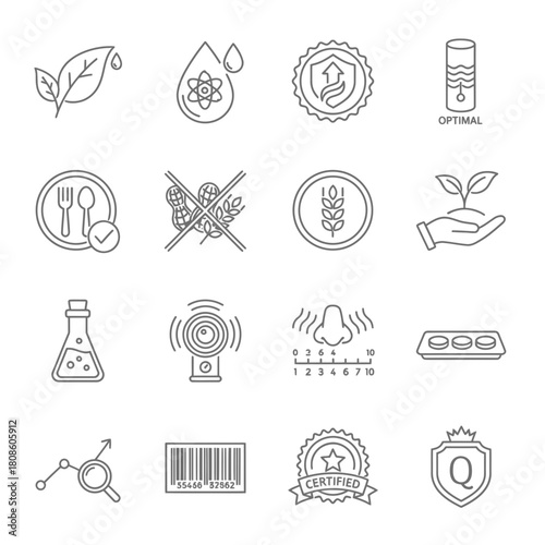 Collection of food and product safety assurance icons for packaging and labels, showcasing quality, purity, and allergen-free guarantees for health-conscious consumers