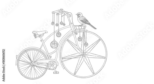 Vintage bicycle drawing adorned with delicate christmas ornaments and a resting bird evokes