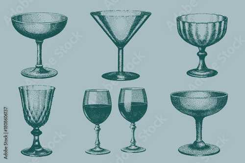 Vintage isolated glass set for creative design. Modern halftone collage Martini, Margarita, Wine, Champagne, Hurricane. Vector illustration. Eps 10