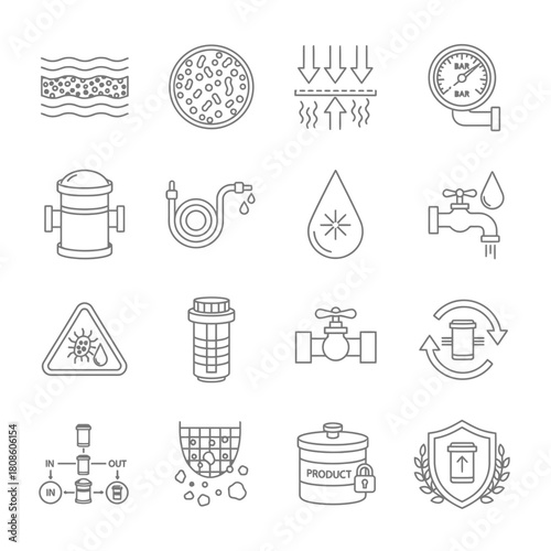 Clean water purification process icons showcasing filtration, sanitation, and safety measures for home and industrial use, originally designed as vector graphics
