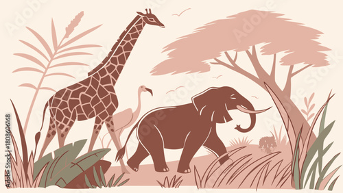 Stylized African Safari Illustration with Giraffe Elephant and Flamingo in a Warm Color Palette Featuring Trees and Grasses