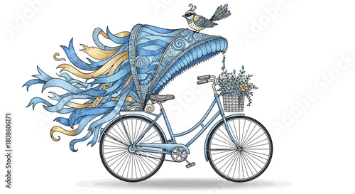 Watercolor bicycle adorned with cascading ribbons, delicate flowers and perched bird illustration