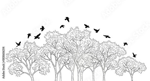 Monochrome tree line with flock of birds illustration, perfect for nature designs, and artistic