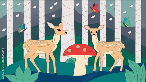 Whimsical Forest Scene with Deer Mushroom and Butterflies in a Stylized Colorful Illustration for Children s Art or Decorative Design