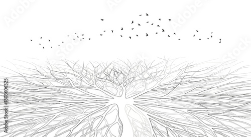 Monochrome vista of a stylized tree reaching for a flock of soaring birds in a minimal landscape