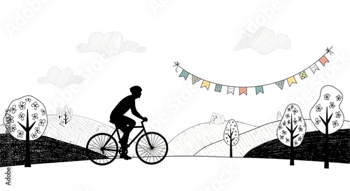 Whimsical cyclist silhouette navigating through a stylized countryside landscape sketch