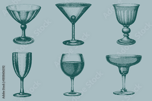 Modern retro drinking glass set for creative design. halftone collage Hurricane, Martini, Margarita, Wine, Champagne. Vector illustration. Eps 10