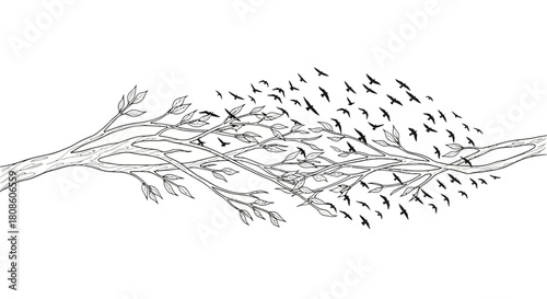 Ink Illustration Depicting a Tree Branch Transforming into a Flock of Birds in Flight