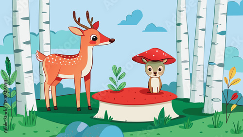 Cute Deer and Mushroom Character in a Forest Illustration with Birch Trees and a Light Blue Sky Background for Children