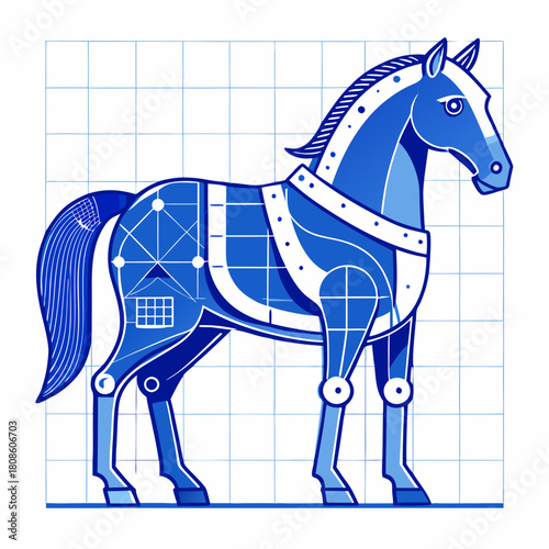 Stylized Blue Trojan Horse Illustration with Blueprint Grid Background for Cybersecurity or Historical Metaphor Concepts