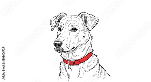 Elegant illustration of a vigilant dog with expressive features and a red collar