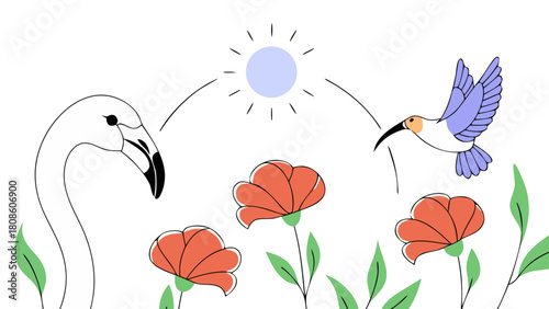 Stylized Illustration of a Flamingo Bird Flowers and Moon on a Black Background Suitable for Children s Books or Nature Themed Designs