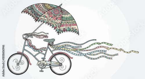 Whimsical bicycle illustration featuring an umbrella and flowing ribbon embellishments creating a