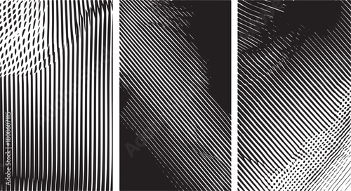 Black and white abstract line patterns with varying density and direction lines