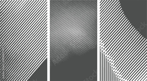 Three panels of abstract diagonal white lines on dark gray background texture pattern