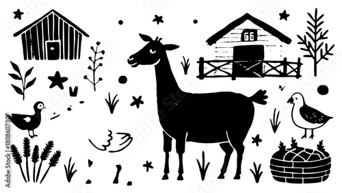 Hand Drawn Farm Animal and Nature Elements in Black and White for Rustic Design Projects and Children s Illustrations