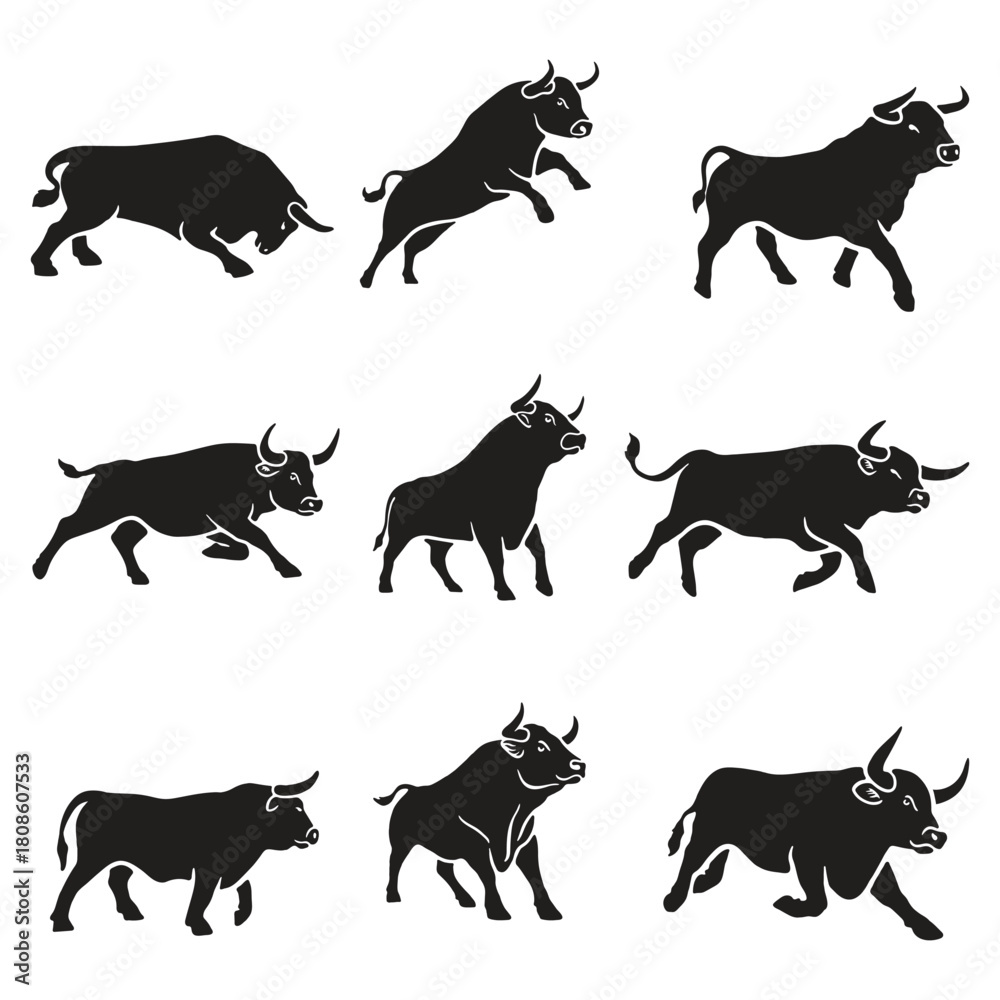 Fototapeta premium Black Bull Silhouettes Powerful Animal Illustrations