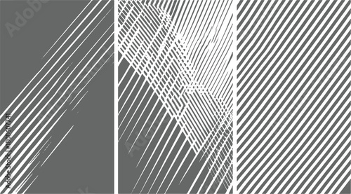 Three abstract grey backgrounds with white diagonal lines and patterns vector