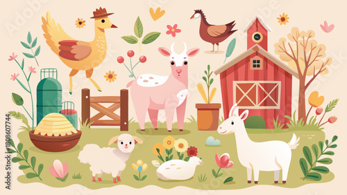 Charming Farm Scene Illustration with Barn Animals Flowers and Hay Bales in a Whimsical and Colorful Style for Children