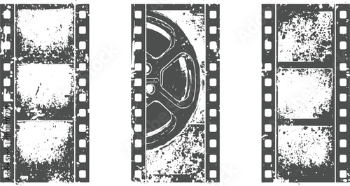 Three distressed film strips with a film reel in the center one cinema movie