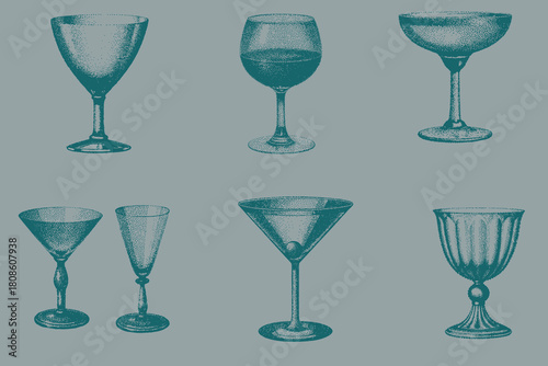 Halftone Sketch glass set. Vintage retro Hurricane, Martini, Margarita, Wine, Champagne vector illustration. Eps 10