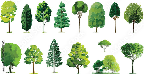 Collection of diverse green trees with pixelated foliage and brown trunks nature