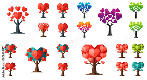 Geometric Heart Trees Icon Set. Giving Tuesday Flat Vector