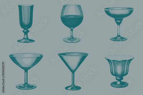 Vintage Drink Sketch Glass Set for creative design. Champagne, Hurricane, Martini, Margarita, Wine glass. Eps 10