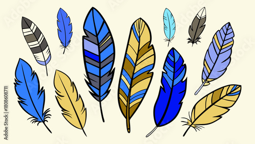 Collection of Colorful Hand Drawn Feathers Blue Gold Brown Design Elements