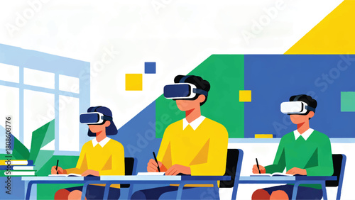 Illustration Of Interactive Learning With VR Headset In Modern School Vector Design Template