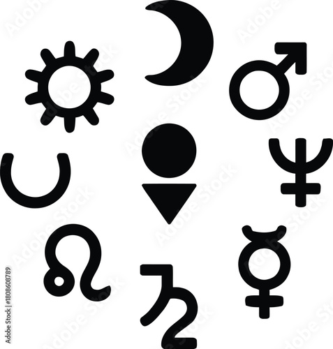 A minimalist black and white collection of astrological symbols including zodiac signs, planets, the sun, and the moon for horoscopes