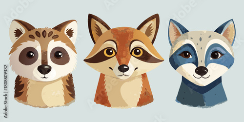 Cute Cartoon Animal Faces Raccoon Fox and Coyote