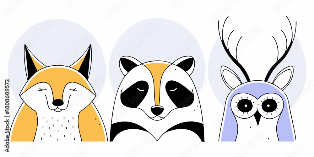 Fototapeta premium Cute Animal Portraits of Fox Raccoon and Owl