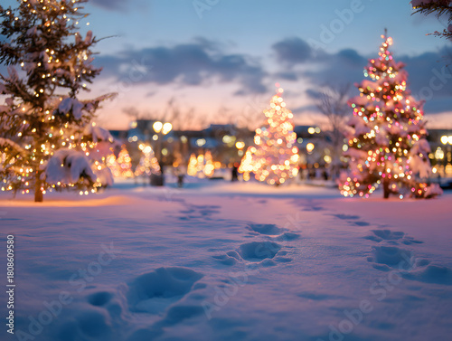 눈 덮인 겨울 공원과 반짝이는 크리스마스트리 야경