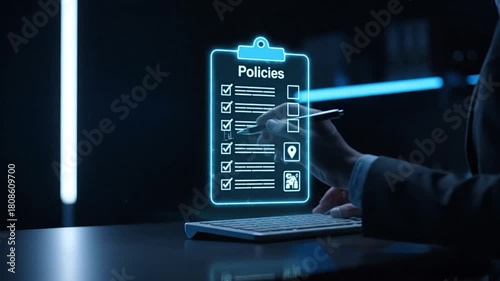 Futuristic business person working with digital policies and checklist