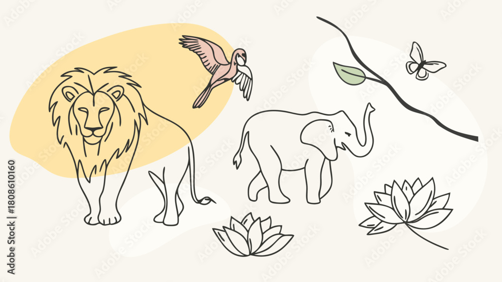 Fototapeta premium Line Art Illustration of Lion Elephant Parrot and Lotus Flower
